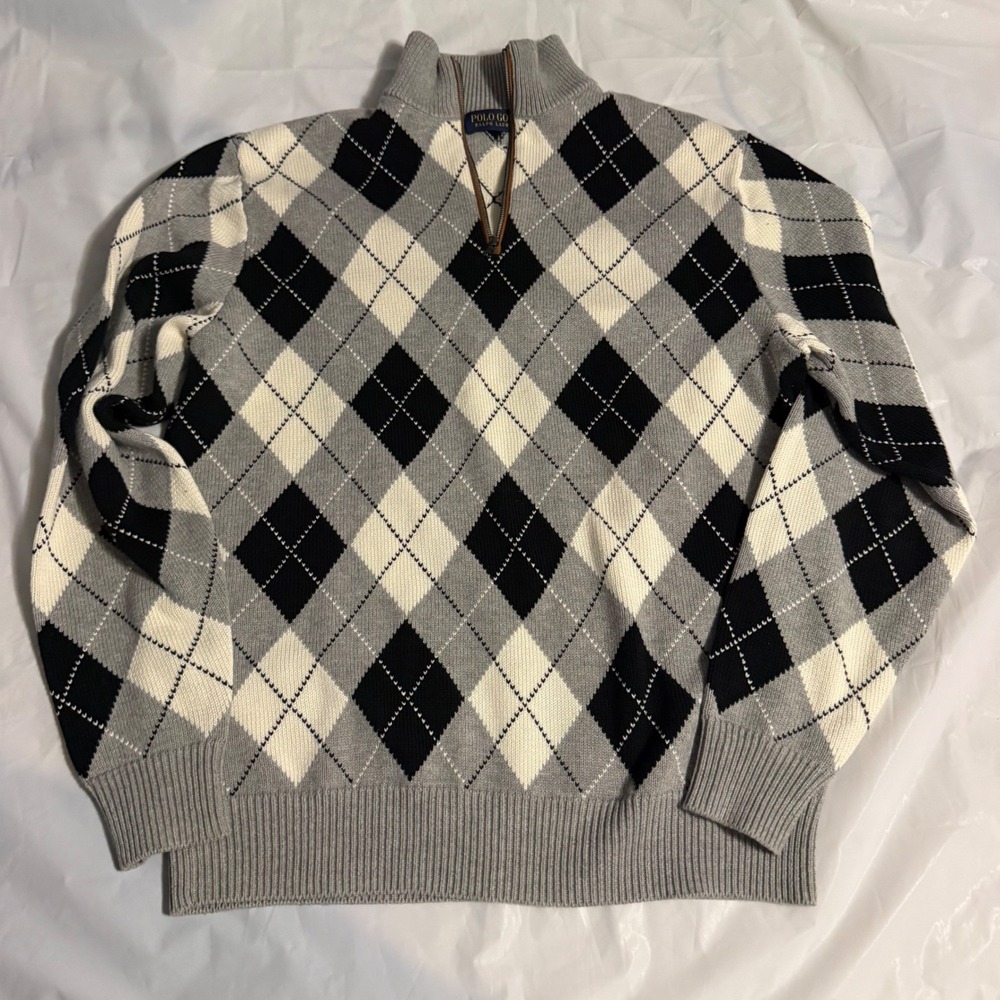Polo Golf Ralph Lauren Mens Argyle Quarter Zip Sweater M Grey Black Cotton Knit